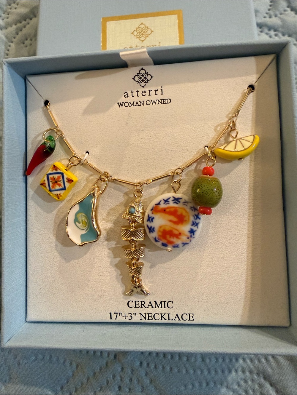 NIB Atterri Ceramic Tapas Lemon Chili Olive Oyster Shrimp Fish Charm Necklace